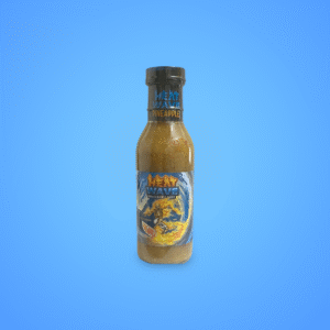 12 oz bottle of Heatwave Hotsauce Pineapple flavor, featuring a vibrant tropical label with a pineapple design, delivering a sweet and spicy Caribbean kick for any dish.